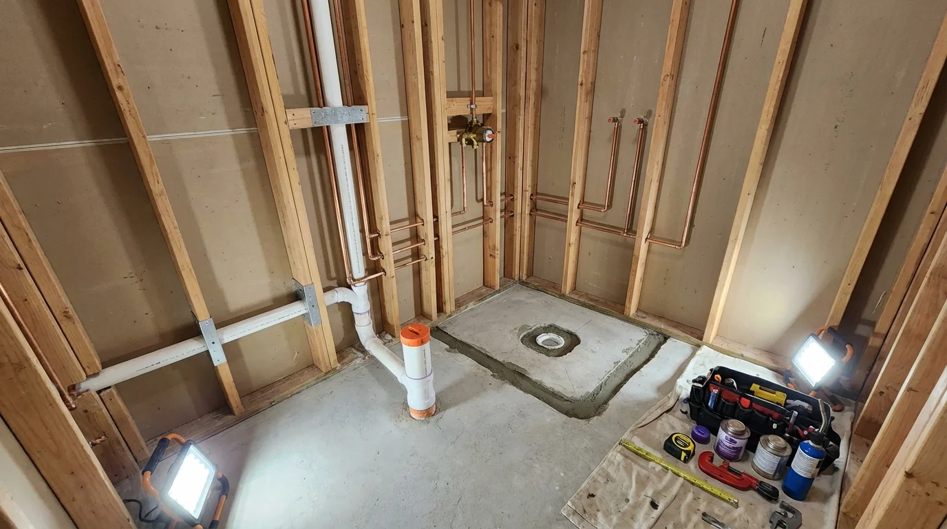 Bathroom rough-in plumbing during remodel by Johns Plumbing LLC in Foley