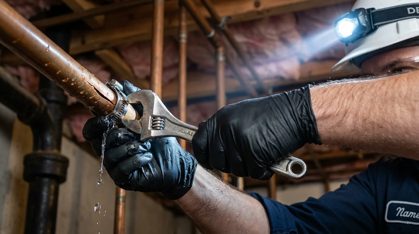 Emergency pipe clamp repair being performed by a Johns Plumbing LLC plumber in Foley