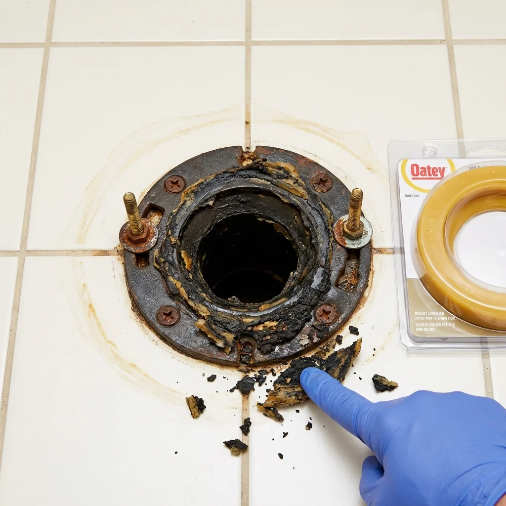 Failed wax ring showing water seepage at the base of a toilet in a Foley, MN home
