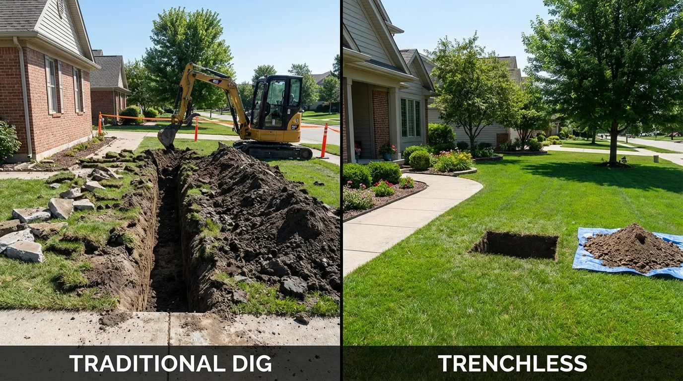 Trenchless sewer repair with minimal yard damage versus traditional excavation in Foley, MN